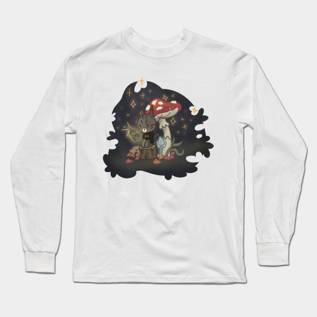 Witchy Cat Under A Mushroom Long Sleeve T-Shirt by RileySessions